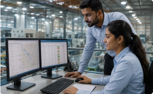 Warehouse operator tracking dispatch and order status on a tablet next to a loading truck