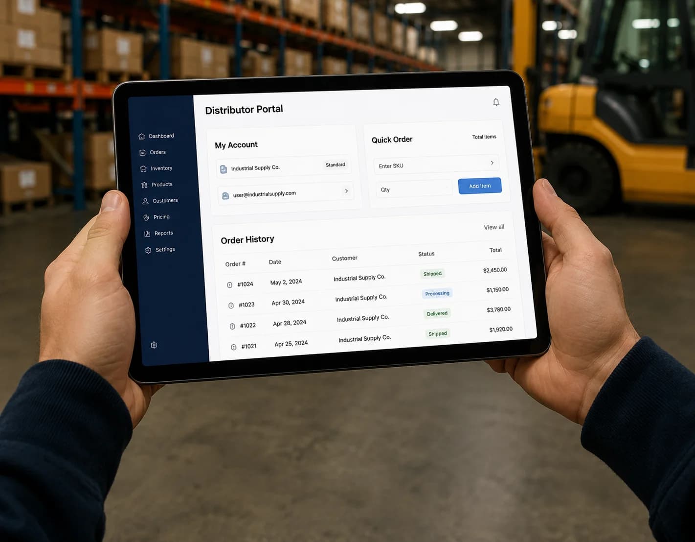 Self-service manufacturing B2B distributor portal with pricing, inventory visibility, and order tracking