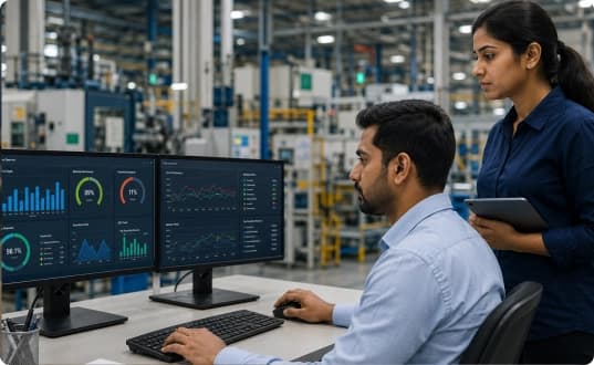 Connected manufacturing operations dashboard tracking production KPIs, WIP, utilization, and factory performance in real time