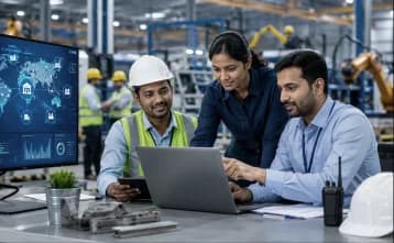 Plant manager reviewing ERP-connected supplier operations on a dashboard