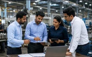 Procurement team coordinating purchase workflows on a tablet