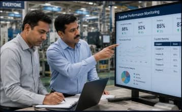 Engineers reviewing supplier performance metrics on a dashboard