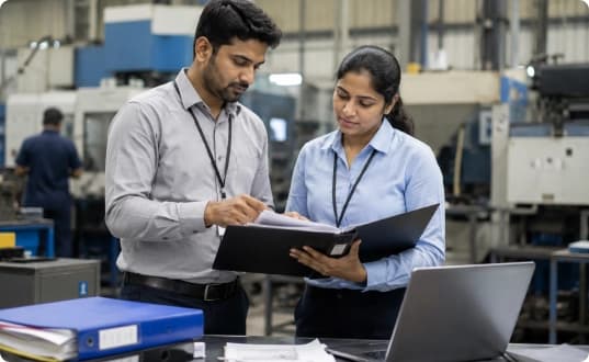 Manufacturing team reviewing centralized documents, quotations, and communications on a laptop