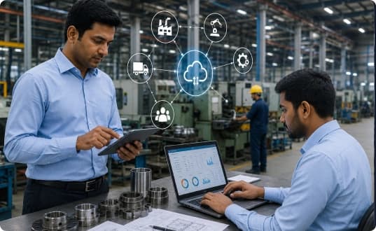 Plant manager monitoring ERP and CRM integrated dashboards on a tablet inside a manufacturing facility