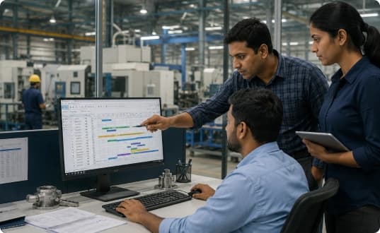 Production planners coordinating manufacturing orders and scheduling on the shop floor
